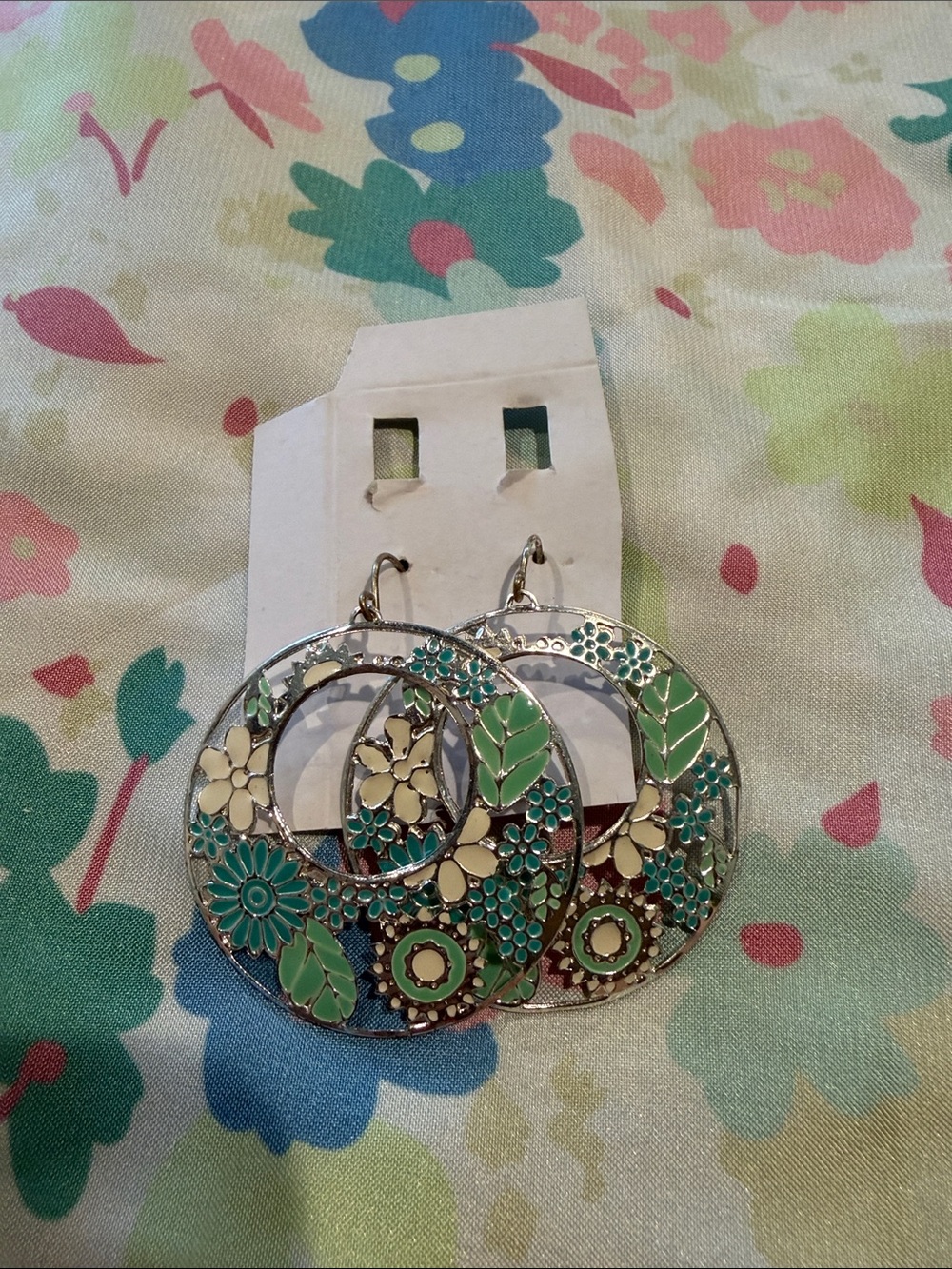 Floral Hoop Drop Earrings - Green & Cream